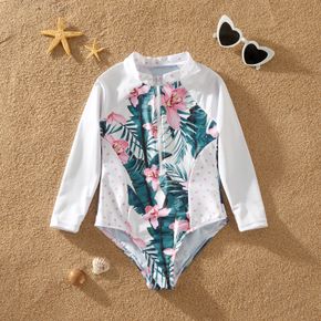 Kid Girl Floral Leaf Print Zipper Design Long-sleeve Onepiece Swimsuit