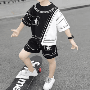 2-piece Kid Boy Star Stripe Print Colorblock Irregular Hem Tee and Elasticized Black Shorts Set