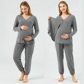 Maternity Grey Long-sleeve Wrap Tee and Pants Pajamas Lounge Set
