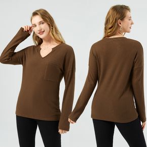 Brown Textured Notch Neck Long-sleeve T-shirt
