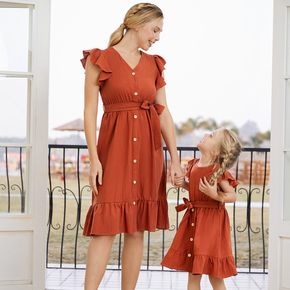 100% Cotton Solid V Neck Ruffle Short-sleeve Dress for Mom and Me