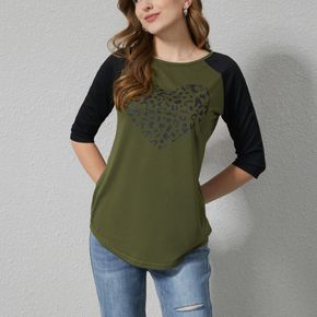 Leopard Heart Print 3/4 Sleeve Two Tone T-shirt