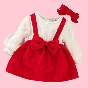 2pcs Baby Girl Love Heart Textured Long Puff Sleeve Faux-two Dress Set