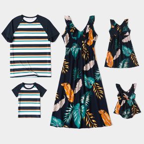 Family Matching All Over Plant Print Cross Wrap Deep V Neck Sleeveless Ruffle Dresses and Striped Raglan-sleeve T-shirts Sets