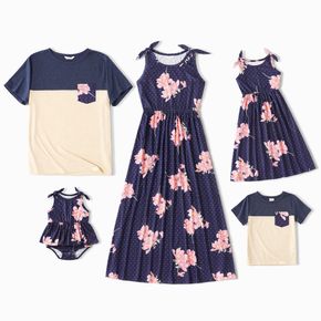 Family Matching All Over Floral Print Sleeveless Maxi Dresses and Colorblock Short-sleeve T-shirts Sets