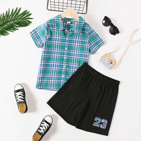 2-piece Kid Boy Plaid Lapel Collar Short-sleeve Shirt and Number Print Black Shorts Set