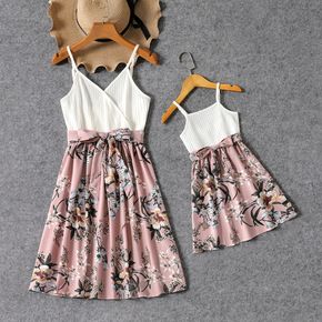 Ribbed Spaghetti Strap Sleeveless Splicing Floral Print Belted Dress for Mom and Me