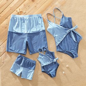 Family Matching Colorblock Swim Trunks Shorts and Spaghetti Strap One-Piece Swimsuit