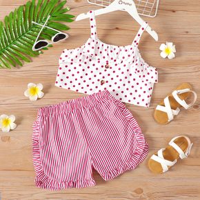 2-piece Kid Girl Polka dots Ruffled Button Design Camisole and Stripe Shorts Set