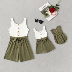Solid Ribbed U Neck Sleeveless Tank Top Splicing Romper for Mom and Me