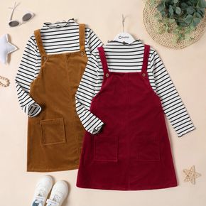 2-piece Kid Girl Mock Neck Stripe Long-sleeve Tee and Tie Knot Solid Color Overall Dress Set