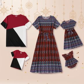 Ramadan Collection Family Matching Boho Print Short-sleeve Belted Midi Dresses and Colorblock T-shirts Sets