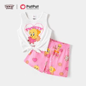 Looney Tunes 2pcs Kid Girl Tie Knot Sleeveless White Tee and Allover Print Pink Shorts Set