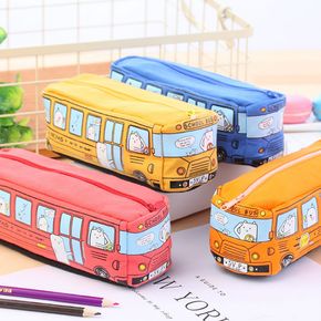 Creative Cute School Bus Pen Pencil Case Canvas Student Bus Zipper Pen Pouch Holder Student Stationery Supplies