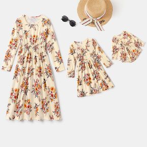 All Over Floral Print White Round Neck Long-sleeve Dress for Mom and Me