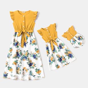 Yellow Button Up Flutter-sleeve Splicing Floral Print Dress for Mom and Me