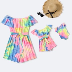 Colorful Tie Dye Off Shoulder Strapless Ruffle Belted Romper for Mom and Me