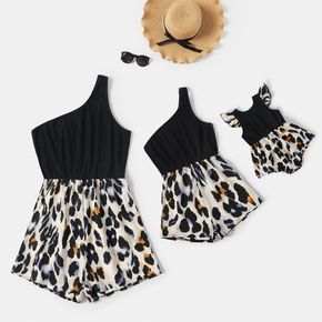 Black Ribbed One Shoulder Sleeveless Splicing Leopard Romper for Mom and Me