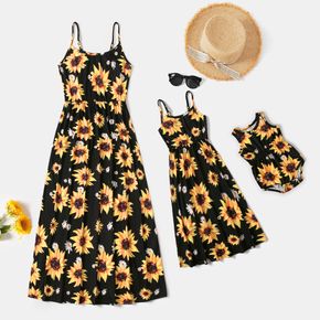 All Over Sunflower Floral Print Black Sleeveless Spaghetti Strap Maxi Dress for Mom and Me