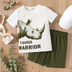 2-teiliges Kurzarm-T-Shirt mit Tier-Rhino-Print für Kinder und elastische grüne Shorts