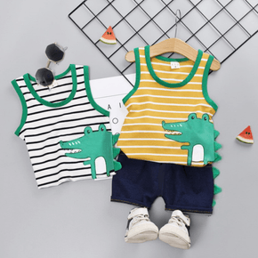 2pcs Toddler Boy Playful Dinosaur Print Stripe Tank Top and Spike Design Shorts Set