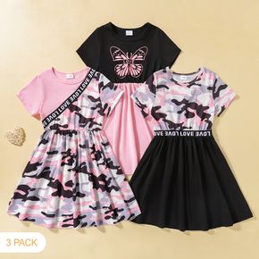 3-Pack Toddler Girl Camouflage/Butterfly Print Splice Short-sleeve Dress