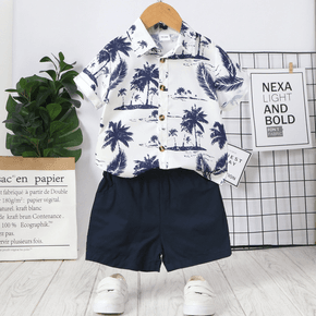 2pcs Toddler Boy Playful Floral Tree Print Shirt and Shorts Set
