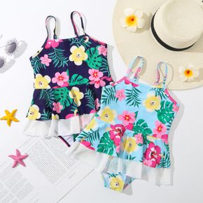 Kid Girl Floral Print Ruffled Mesh Design Onepiece Cami Swimsuit
