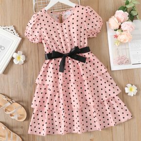 Kid Girl Polka dots Layered Belted Short-sleeve Pink Dress