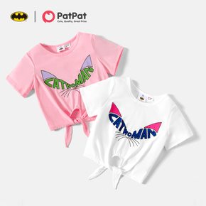 Kurzarm-T-Shirt mit Batman-Kind-Mädchen-Buchstabendruck und Krawattenknoten