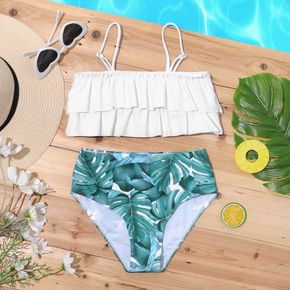 2pcs Kid Girl Layered White Top and Floral Print Briefs Bikini Swimsuit Set