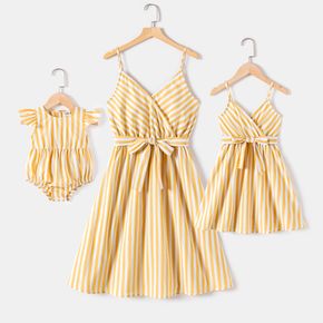Yellow Striped V Neck Spaghetti Strap Sleeveless Belted Dress for Mom and Me