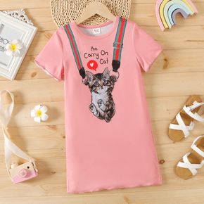 Kid Girl Letter Cat Print Short-sleeve Pink Dress
