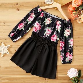 2pcs Kid Girl Floral Print Off Shoulder Long-sleeve Blouse and Bowknot Design Black Shorts Set