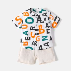 Refreshing As Soda Toddler Boy 100% Cotton 2pcs letter Allover Short-sleeve Shirt and Solid Shorts White Set
