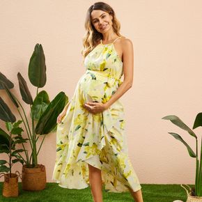 Maternity Floral Print Sleeveless Belted Halter Dress