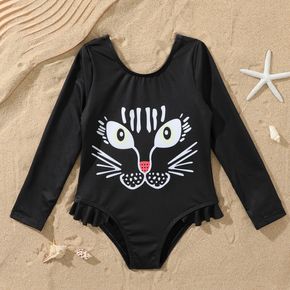 Toddler Girl Animal Print Ruffled Long-sleeve Black Onepiece Swimsuit