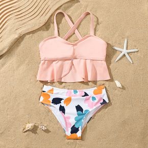 2pcs Toddler Girl Ruffled Crisscross Back Cami Top and Floral Print Briefs Swimsuit Set