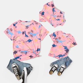 All Over Dinosaur Print Pink Short-sleeve T-shirts for Mom and Me