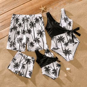 Family Matching All Over Coconut Tree Print Splicing One-Piece Swimsuit and Swim Trunks Shorts