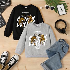 Kid Boy Letter Animal Tiger Print Cotton Pullover Sweatshirt