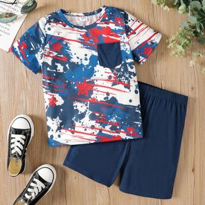 Independence Day 2pcs Kid Boy Tie Dyed Pocket Design Short-sleeve Tee and Dark Blue Shorts Set