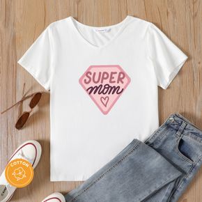 Women Graphic Super Mom Letter Print V Neck Short-sleeve T-shirt