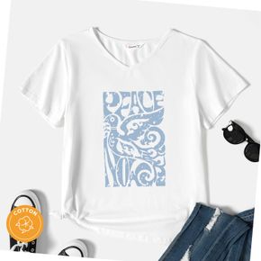 Women Graphic Peace Pigeon Print V Neck Short-sleeve T-shirt