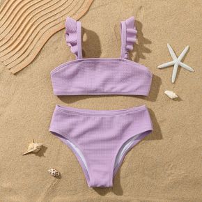 2pcs Toddler Girl Ruffled Textured Light Purple Swimsuit Set