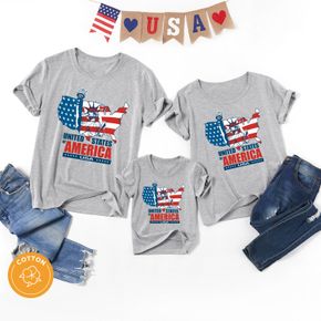 Family Matching Cotton Short-sleeve American Flag Letter Print Grey T-shirts