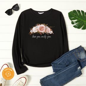 Women Graphic Floral and Letter Print Round-collar Long-sleeve T-shirt