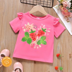 Toddler Girl Fruit Strawberry Print Ruffled Deep pink Short-sleeve Tee