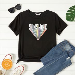 Kurzarm-T-Shirt mit rundem Kragen und grafischem Herz- und Sonnenschein-Buchstabendruck für Damen