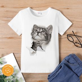 Kid Girl Animal Cat Print White Short-sleeve Cotton Tee